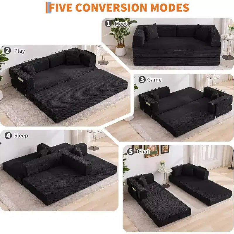 Divano Letto Convertibile 78,8'' con Cuscini, Divano da Terra 5-in-1 in Velluto a Coste, Divano Letto Pieghevole con Struttura Fissa, Nessun Montaggio