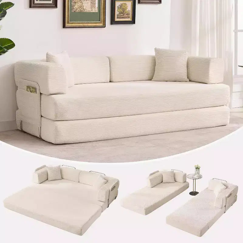 Divano Letto Convertibile 78,8'' con Cuscini, Divano da Terra 5-in-1 in Velluto a Coste, Divano Letto Pieghevole con Struttura Fissa, Nessun Montaggio