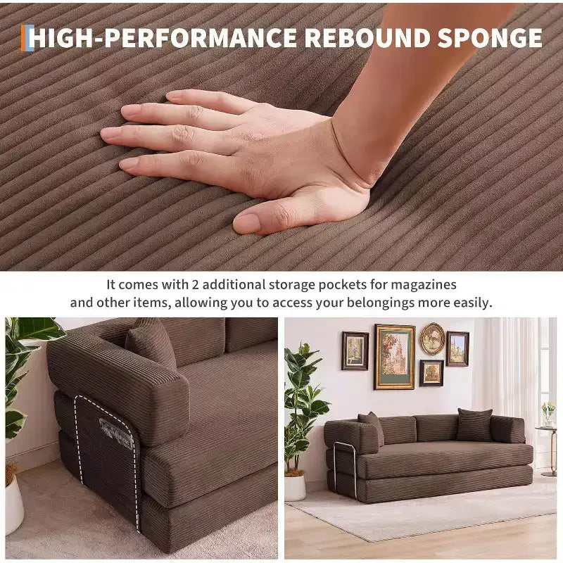 Divano Letto Convertibile 78,8'' con Cuscini, Divano da Terra 5-in-1 in Velluto a Coste, Divano Letto Pieghevole con Struttura Fissa, Nessun Montaggio