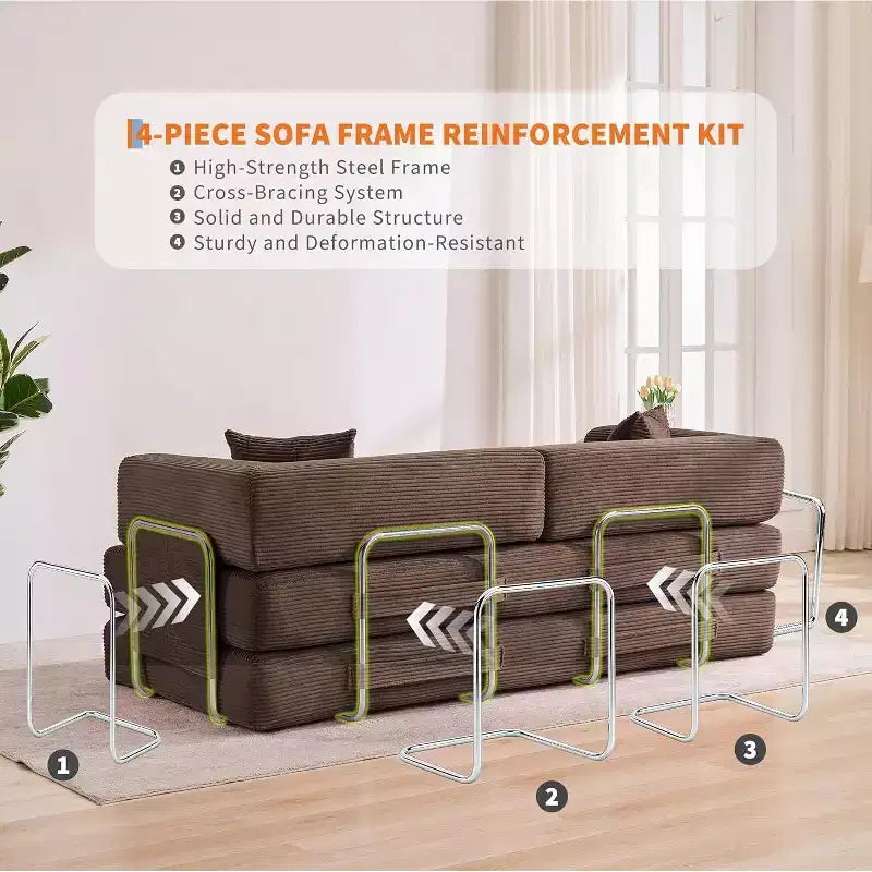 Divano Letto Convertibile 78,8'' con Cuscini, Divano da Terra 5-in-1 in Velluto a Coste, Divano Letto Pieghevole con Struttura Fissa, Nessun Montaggio