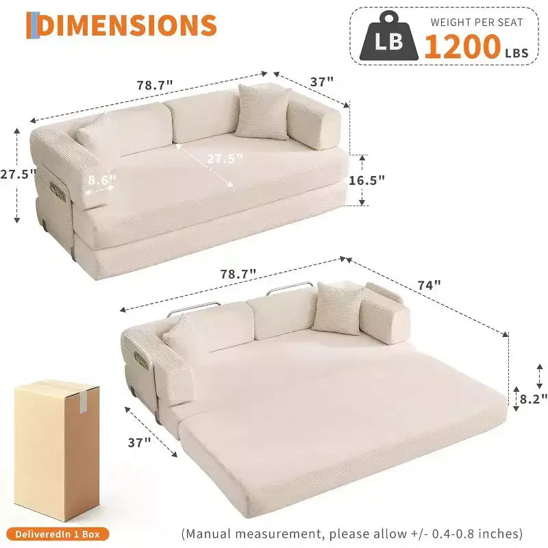 Divano Letto Convertibile 78,8'' con Cuscini, Divano da Terra 5-in-1 in Velluto a Coste, Divano Letto Pieghevole con Struttura Fissa, Nessun Montaggio