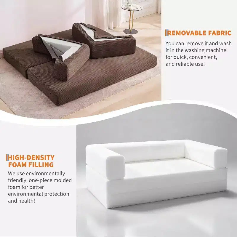 Divano Letto Convertibile 78,8'' con Cuscini, Divano da Terra 5-in-1 in Velluto a Coste, Divano Letto Pieghevole con Struttura Fissa, Nessun Montaggio