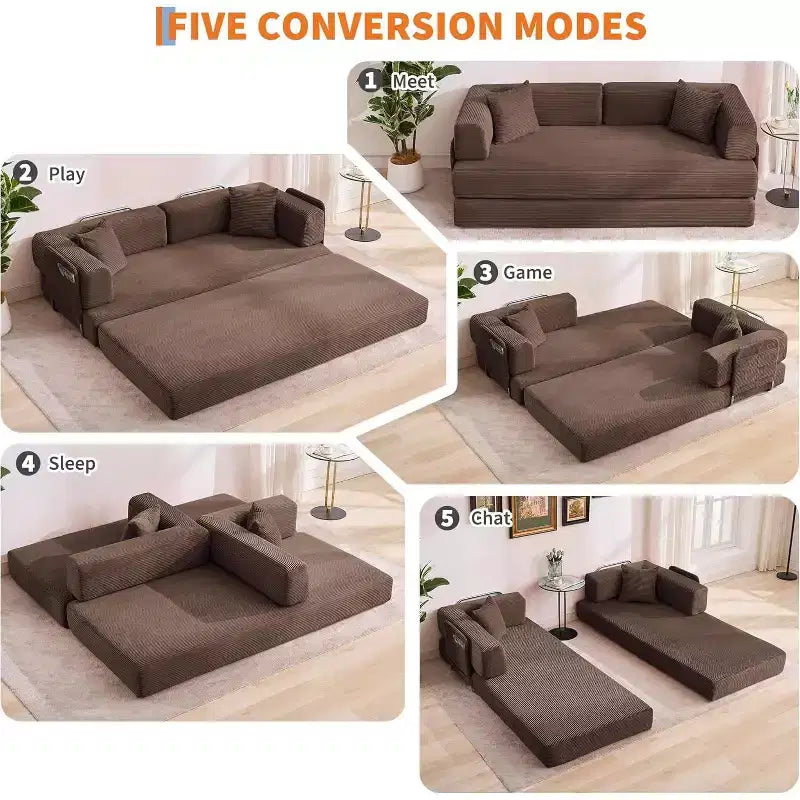 Divano Letto Convertibile 78,8'' con Cuscini, Divano da Terra 5-in-1 in Velluto a Coste, Divano Letto Pieghevole con Struttura Fissa, Nessun Montaggio