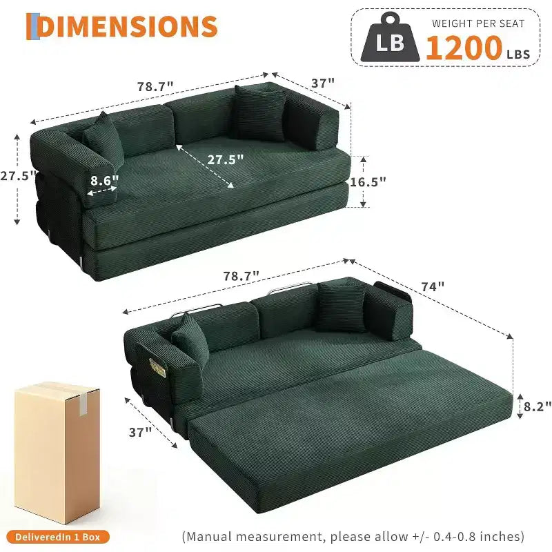 Divano Letto Convertibile 78,8'' con Cuscini, Divano da Terra 5-in-1 in Velluto a Coste, Divano Letto Pieghevole con Struttura Fissa, Nessun Montaggio