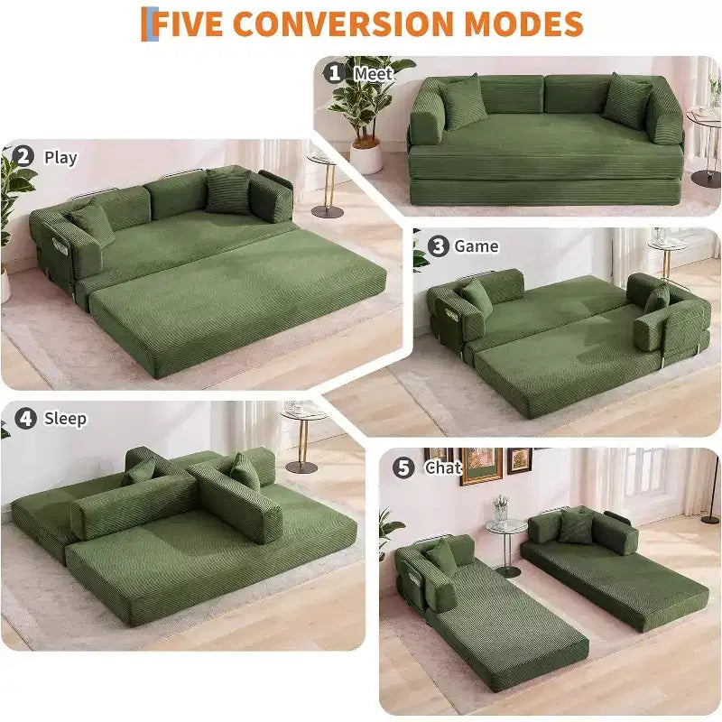 Divano Letto Convertibile 78,8'' con Cuscini, Divano da Terra 5-in-1 in Velluto a Coste, Divano Letto Pieghevole con Struttura Fissa, Nessun Montaggio