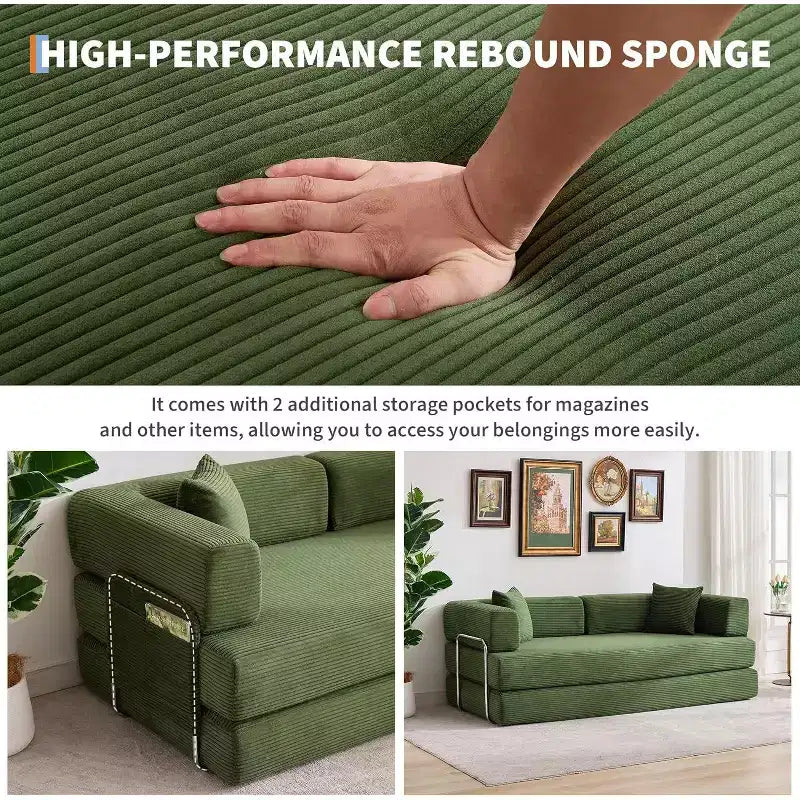 Divano Letto Convertibile 78,8'' con Cuscini, Divano da Terra 5-in-1 in Velluto a Coste, Divano Letto Pieghevole con Struttura Fissa, Nessun Montaggio
