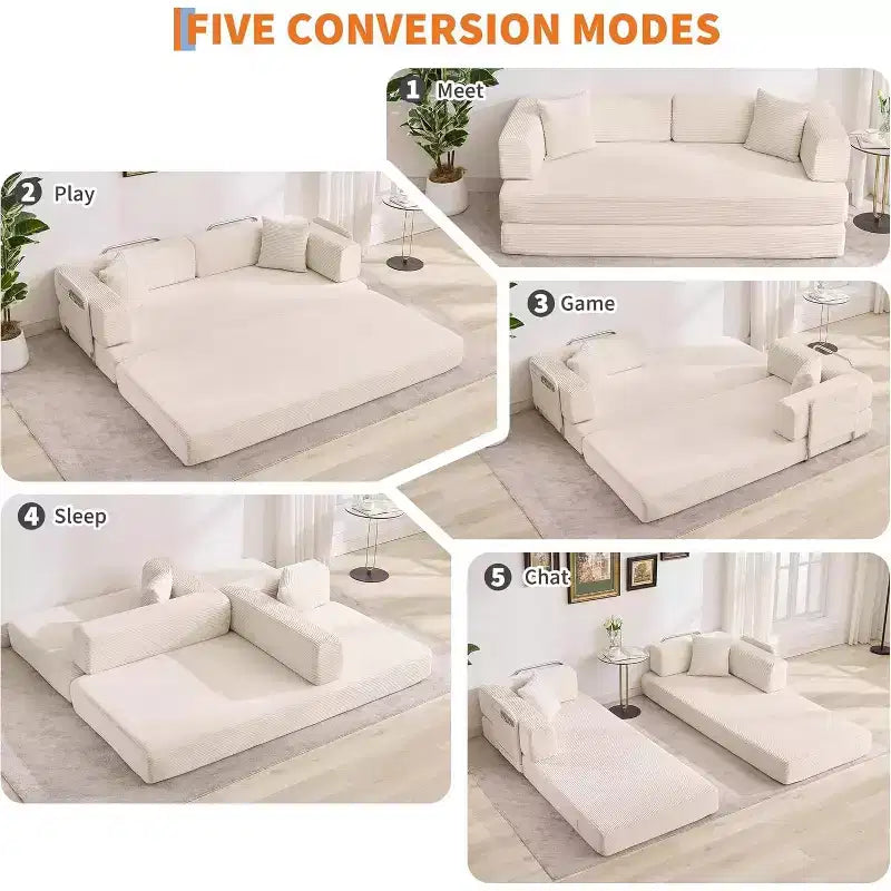Divano Letto Convertibile 78,8'' con Cuscini, Divano da Terra 5-in-1 in Velluto a Coste, Divano Letto Pieghevole con Struttura Fissa, Nessun Montaggio
