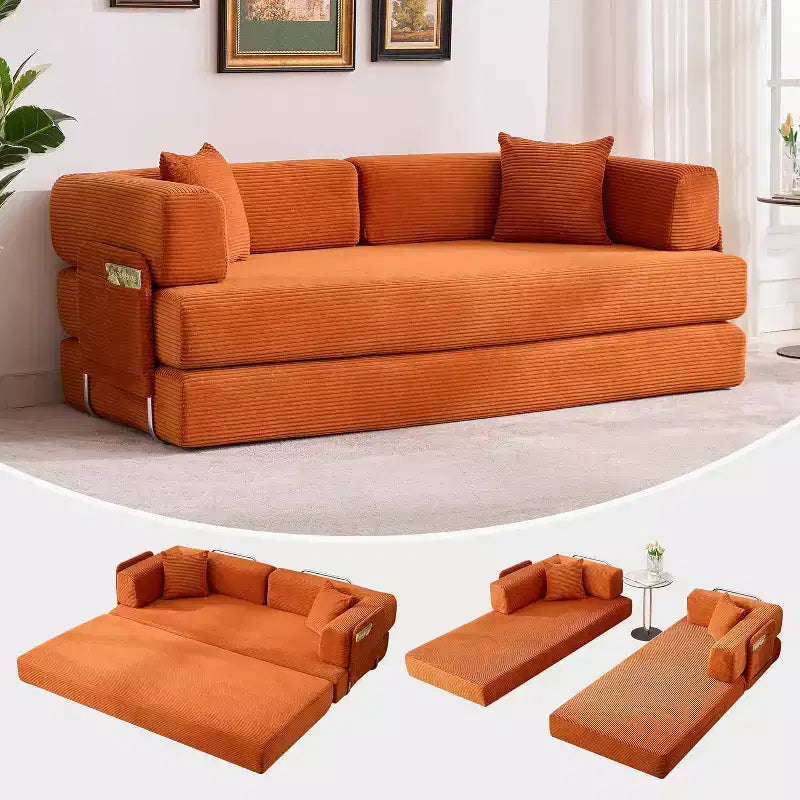 Divano Letto Convertibile 78,8'' con Cuscini, Divano da Terra 5-in-1 in Velluto a Coste, Divano Letto Pieghevole con Struttura Fissa, Nessun Montaggio
