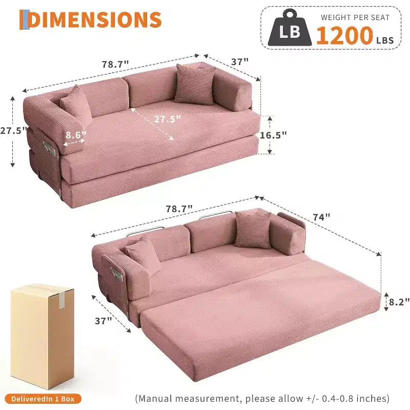 Divano Letto Convertibile 78,8'' con Cuscini, Divano da Terra 5-in-1 in Velluto a Coste, Divano Letto Pieghevole con Struttura Fissa, Nessun Montaggio