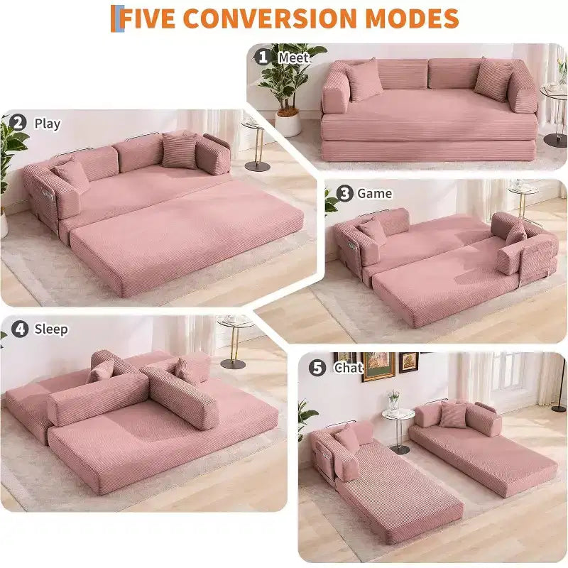 Divano Letto Convertibile 78,8'' con Cuscini, Divano da Terra 5-in-1 in Velluto a Coste, Divano Letto Pieghevole con Struttura Fissa, Nessun Montaggio