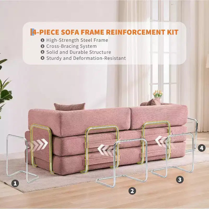 Divano Letto Convertibile 78,8'' con Cuscini, Divano da Terra 5-in-1 in Velluto a Coste, Divano Letto Pieghevole con Struttura Fissa, Nessun Montaggio