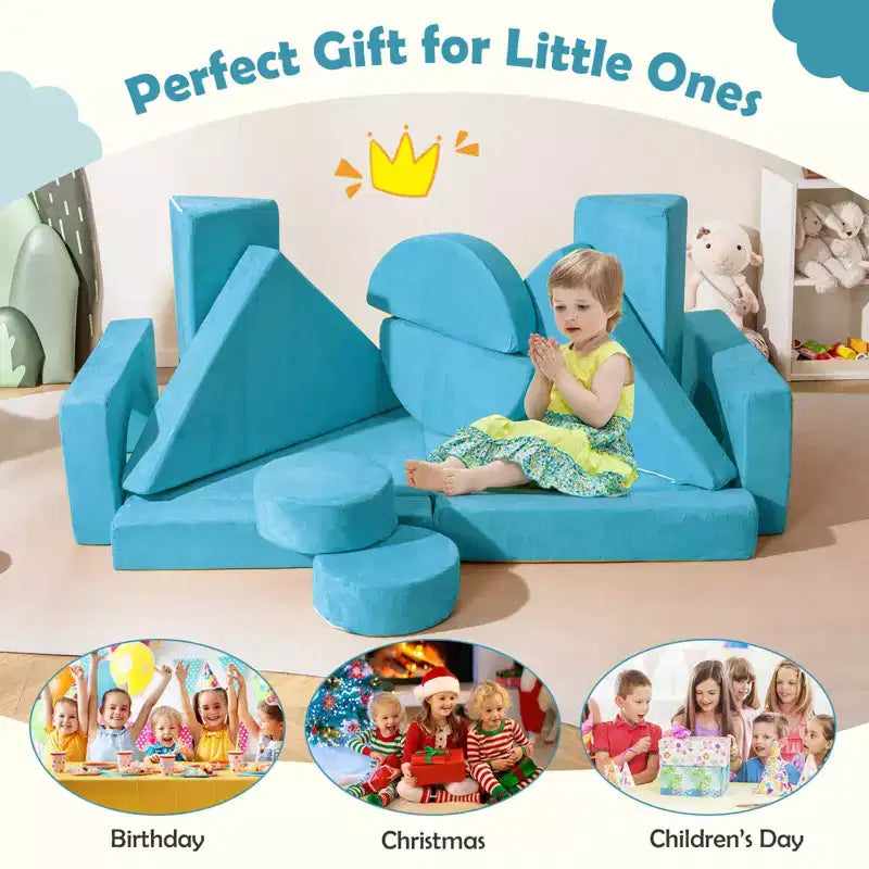 Divano Sezionale Modulare per Bambini 14 Pezzi, Divano per Bambini, Playset Morbido per Bambini Blu/Grigio/Giallo