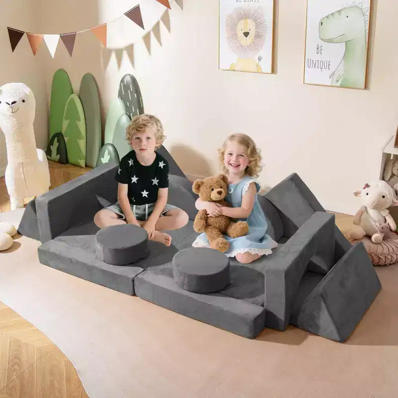 Divano Sezionale Modulare per Bambini 14 Pezzi, Divano per Bambini, Playset Morbido per Bambini Blu/Grigio/Giallo