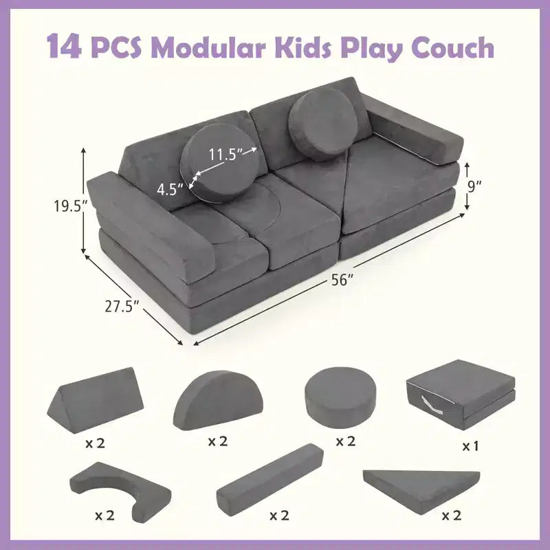 Divano Sezionale Modulare per Bambini 14 Pezzi, Divano per Bambini, Playset Morbido per Bambini Blu/Grigio/Giallo