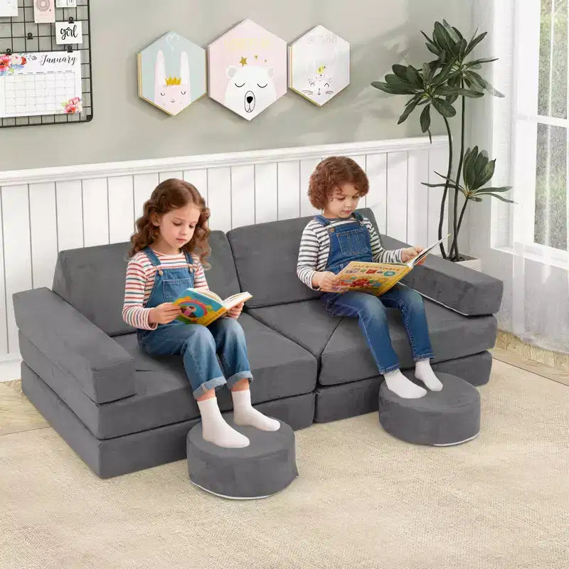 Divano Sezionale Modulare per Bambini 14 Pezzi, Divano per Bambini, Playset Morbido per Bambini Blu/Grigio/Giallo