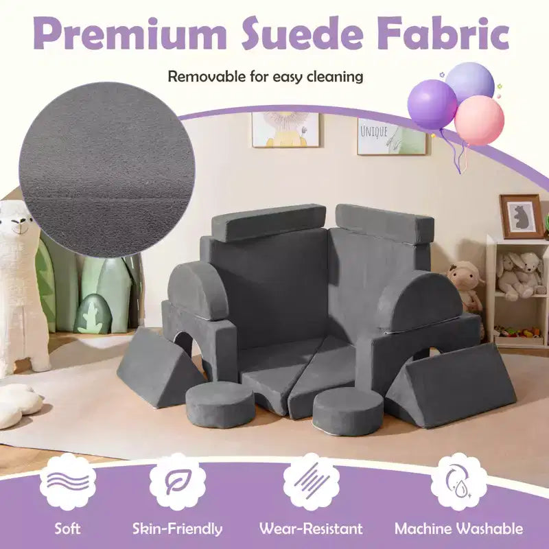 Divano Sezionale Modulare per Bambini 14 Pezzi, Divano per Bambini, Playset Morbido per Bambini Blu/Grigio/Giallo