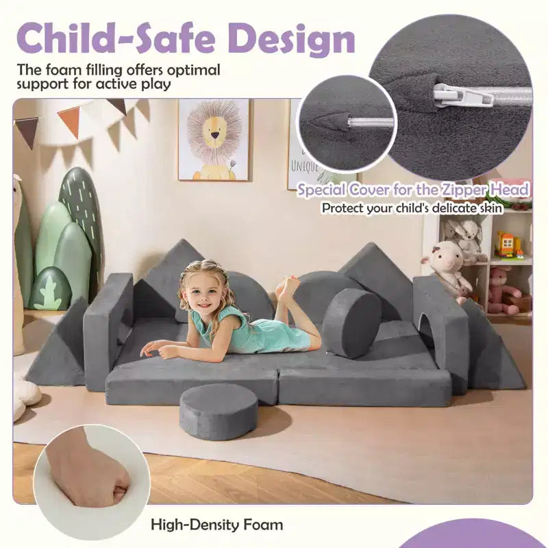 Divano Sezionale Modulare per Bambini 14 Pezzi, Divano per Bambini, Playset Morbido per Bambini Blu/Grigio/Giallo