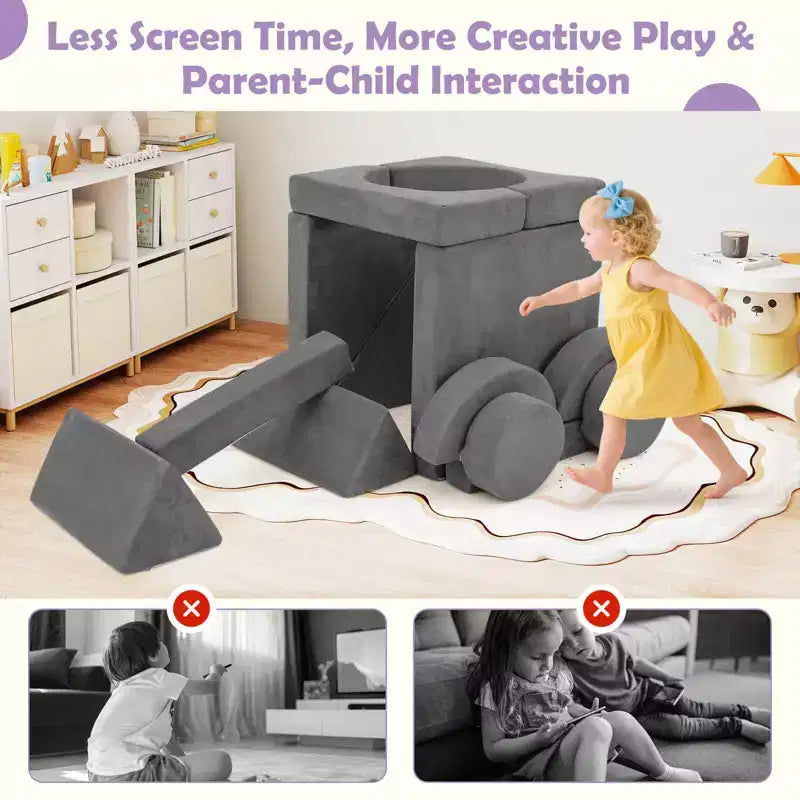 Divano Sezionale Modulare per Bambini 14 Pezzi, Divano per Bambini, Playset Morbido per Bambini Blu/Grigio/Giallo