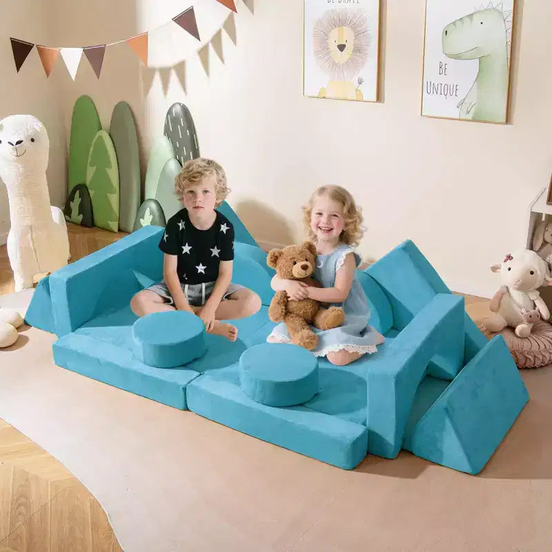 Divano Sezionale Modulare per Bambini 14 Pezzi, Divano per Bambini, Playset Morbido per Bambini Blu/Grigio/Giallo
