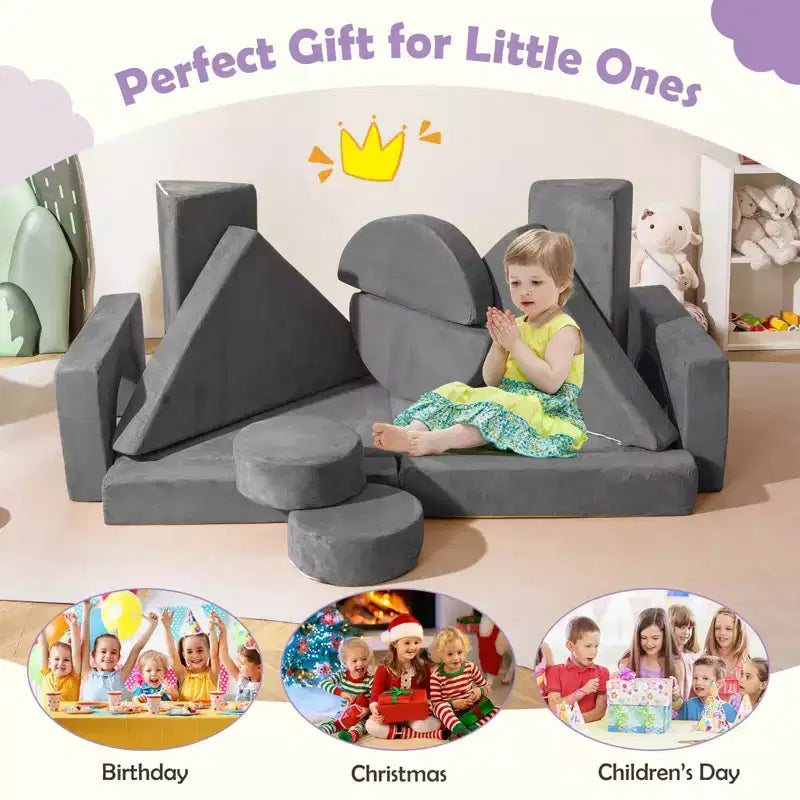 Divano Sezionale Modulare per Bambini 14 Pezzi, Divano per Bambini, Playset Morbido per Bambini Blu/Grigio/Giallo