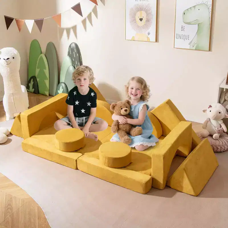 Divano Sezionale Modulare per Bambini 14 Pezzi, Divano per Bambini, Playset Morbido per Bambini Blu/Grigio/Giallo