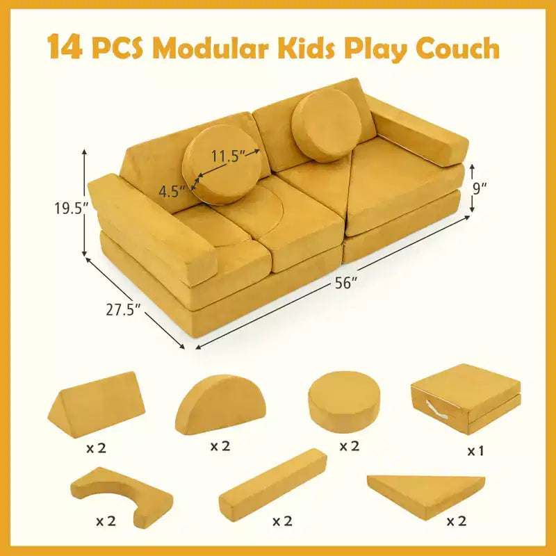 Divano Sezionale Modulare per Bambini 14 Pezzi, Divano per Bambini, Playset Morbido per Bambini Blu/Grigio/Giallo
