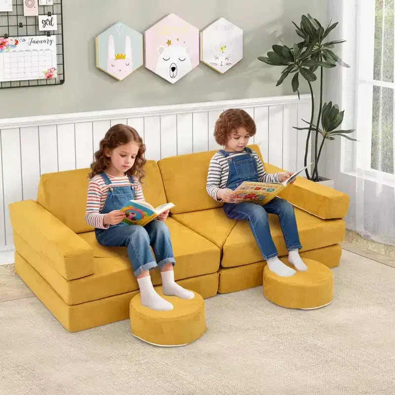 Divano Sezionale Modulare per Bambini 14 Pezzi, Divano per Bambini, Playset Morbido per Bambini Blu/Grigio/Giallo