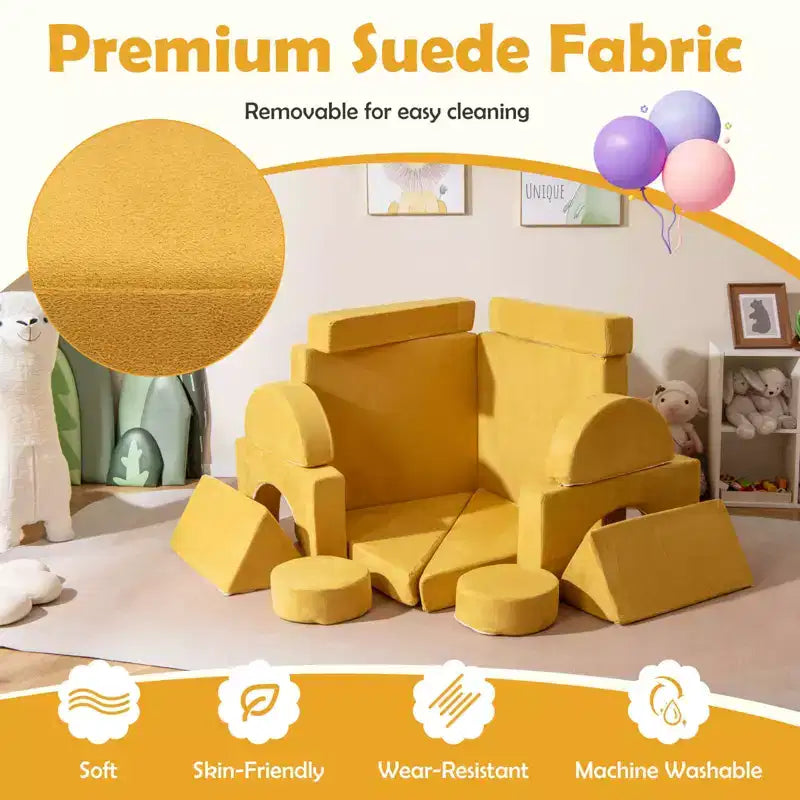 Divano Sezionale Modulare per Bambini 14 Pezzi, Divano per Bambini, Playset Morbido per Bambini Blu/Grigio/Giallo
