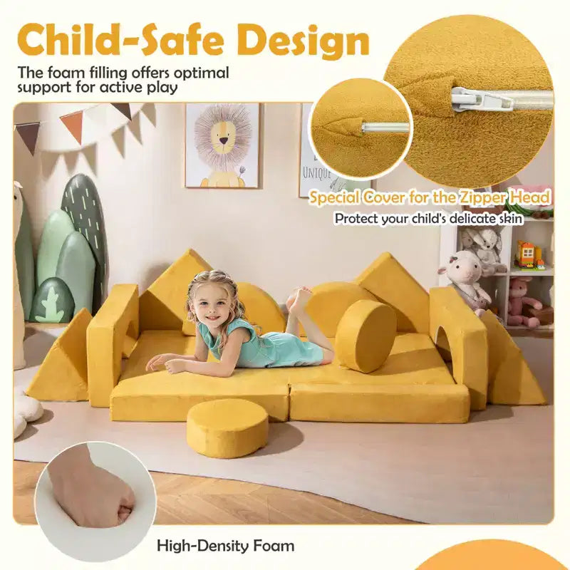 Divano Sezionale Modulare per Bambini 14 Pezzi, Divano per Bambini, Playset Morbido per Bambini Blu/Grigio/Giallo
