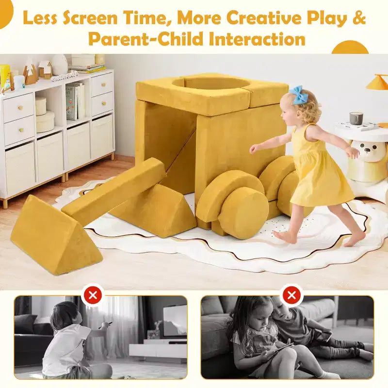 Divano Sezionale Modulare per Bambini 14 Pezzi, Divano per Bambini, Playset Morbido per Bambini Blu/Grigio/Giallo