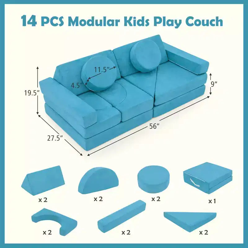 Divano Sezionale Modulare per Bambini 14 Pezzi, Divano per Bambini, Playset Morbido per Bambini Blu/Grigio/Giallo