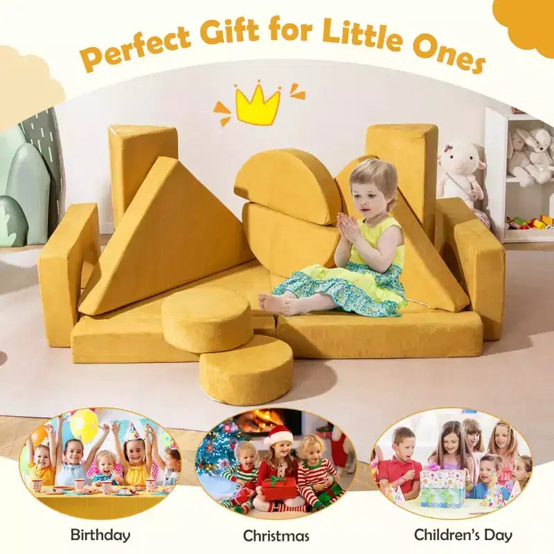 Divano Sezionale Modulare per Bambini 14 Pezzi, Divano per Bambini, Playset Morbido per Bambini Blu/Grigio/Giallo