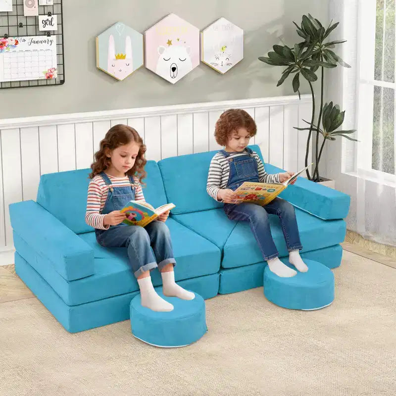 Divano Sezionale Modulare per Bambini 14 Pezzi, Divano per Bambini, Playset Morbido per Bambini Blu/Grigio/Giallo