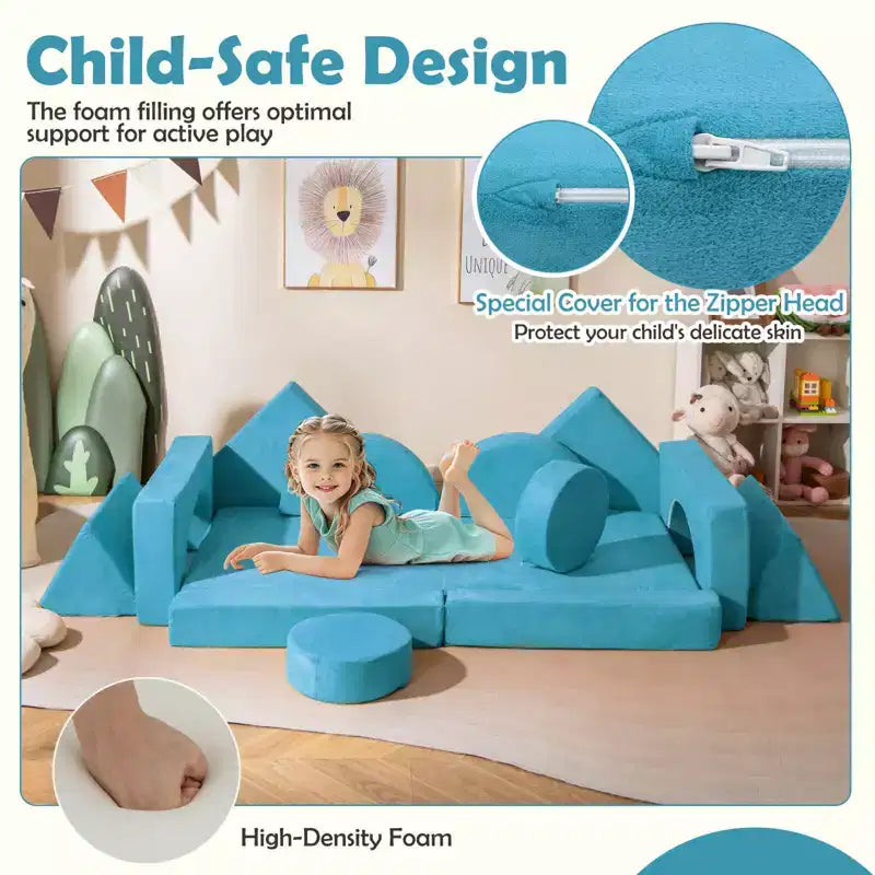 Divano Sezionale Modulare per Bambini 14 Pezzi, Divano per Bambini, Playset Morbido per Bambini Blu/Grigio/Giallo
