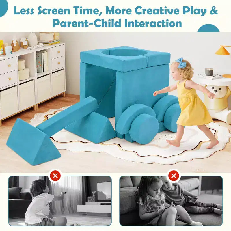 Divano Sezionale Modulare per Bambini 14 Pezzi, Divano per Bambini, Playset Morbido per Bambini Blu/Grigio/Giallo