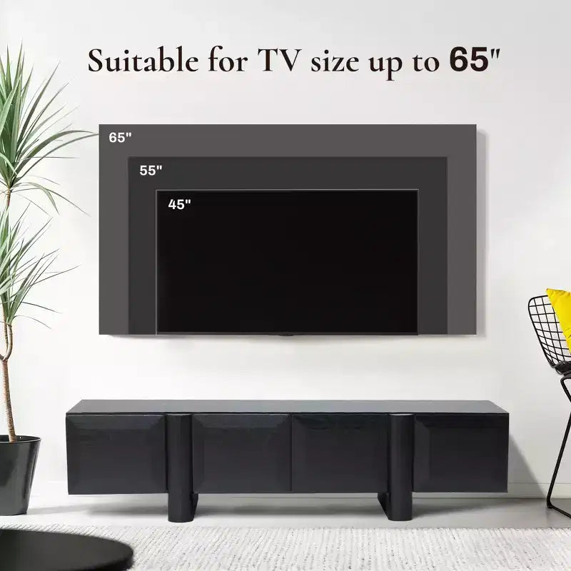 Mobile TV moderno nero da 63 pollici per televisori fino a 68 pollici, mobile multimediale nero opaco con 4 ante a pressione, centro di intrattenimento a basso profilo