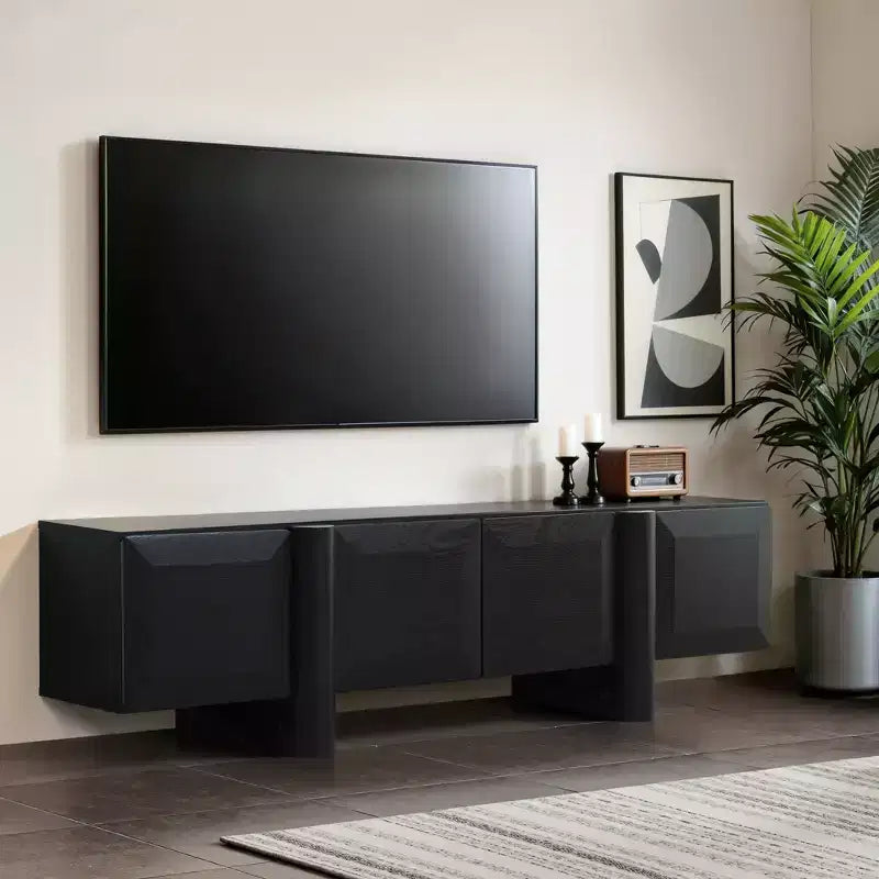 Mobile TV moderno nero da 63 pollici per televisori fino a 68 pollici, mobile multimediale nero opaco con 4 ante a pressione, centro di intrattenimento a basso profilo