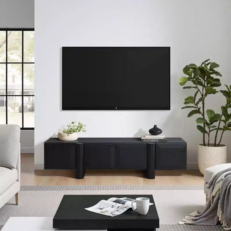 Mobile TV moderno nero da 63 pollici per televisori fino a 68 pollici, mobile multimediale nero opaco con 4 ante a pressione, centro di intrattenimento a basso profilo