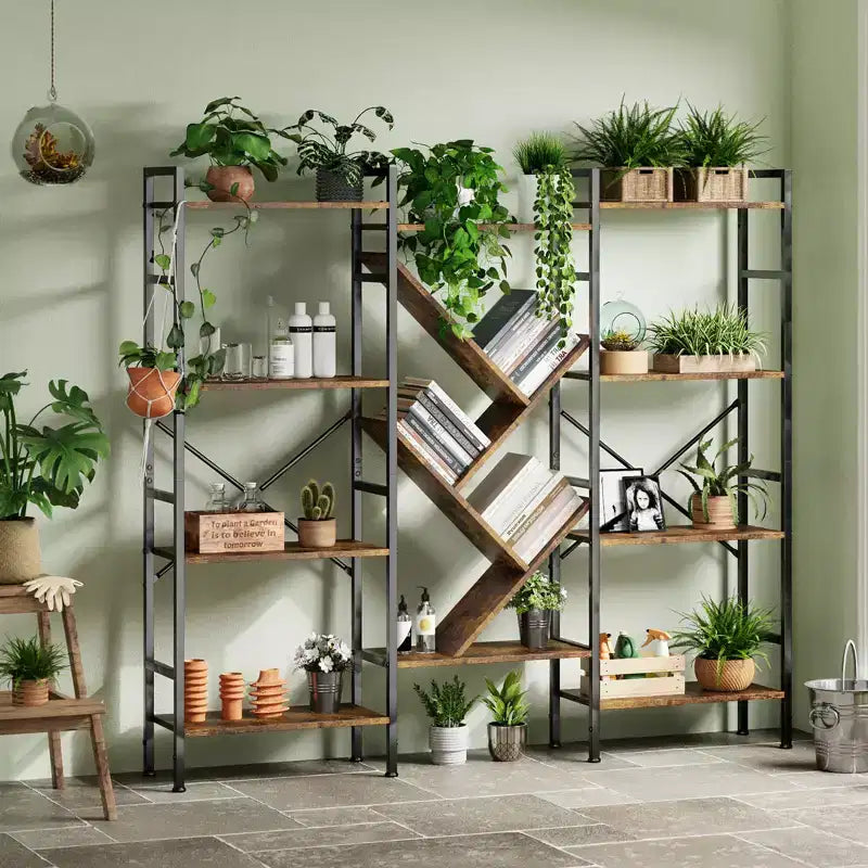 Libreria, Libreria a cinque ripiani tripla, Scaffale largo, Scaffale rustico in legno, per la camera da letto, il soggiorno, la casa e l'ufficio