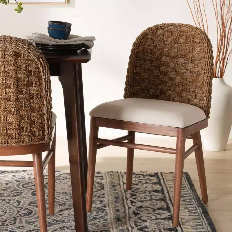 bali &; pari Denver Acacia Wood and Seagrass Dining Chair White/Walnut Brown: Bohemian Style, Foam Padded