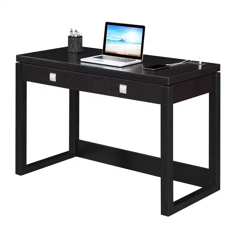 Scrivania Newport a 2 cassetti con stazione di ricarica Espresso/Nero - : Postazione di lavoro per ufficio, Costruzione in MDF
