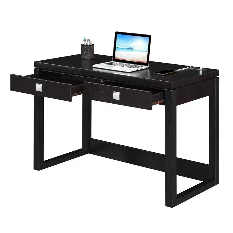 Scrivania Newport a 2 cassetti con stazione di ricarica Espresso/Nero - : Postazione di lavoro per ufficio, Costruzione in MDF