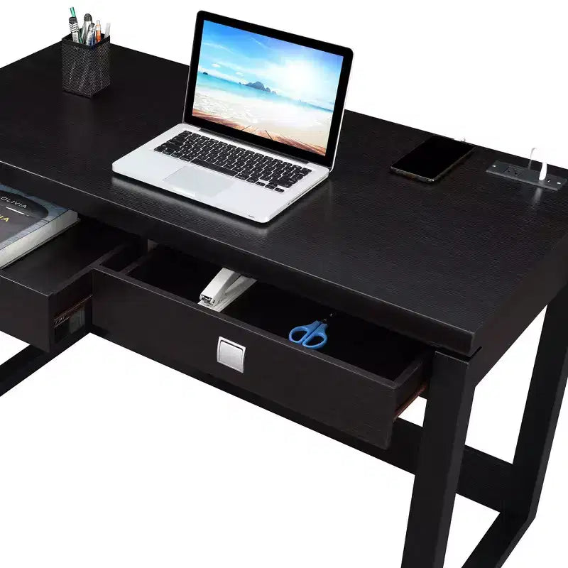 Scrivania Newport a 2 cassetti con stazione di ricarica Espresso/Nero - : Postazione di lavoro per ufficio, Costruzione in MDF