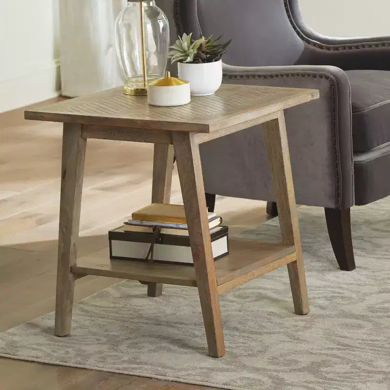 Tavolino Finale Quadrato Milani Naturale: Legno di Mango, Moderno Metà Secolo, Ripiano Contenitore