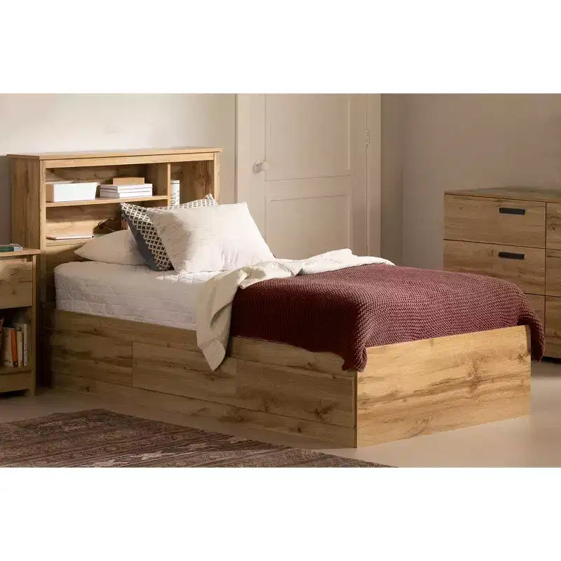 Set Letto Singolo e Testiera Quercia Nordica: 6 Scomparti Contenitore, Truciolato Laminato