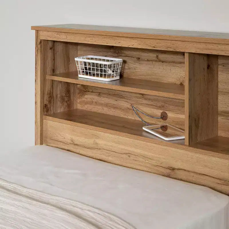 Set Letto Singolo e Testiera Quercia Nordica: 6 Scomparti Contenitore, Truciolato Laminato