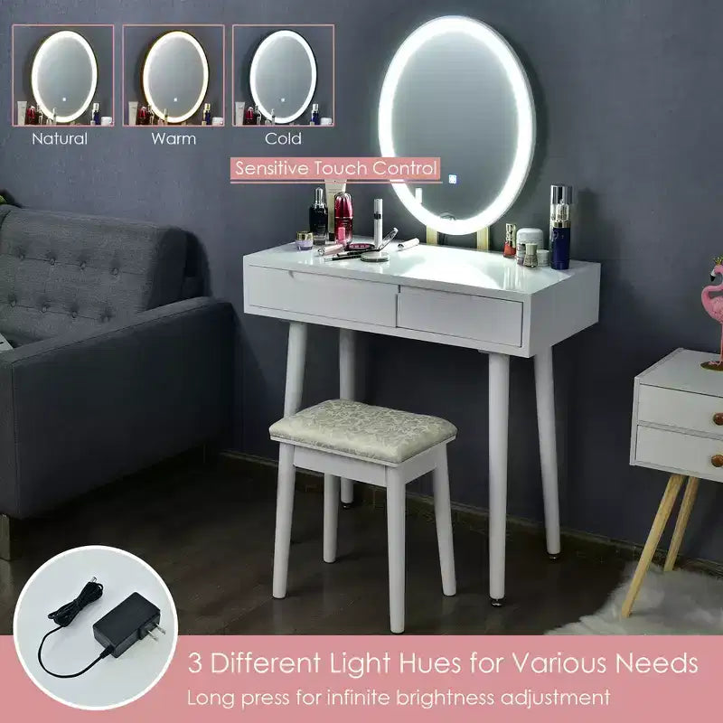Toeletta Trucco con Specchio Touch Screen 3 Modalità di Illuminazione Sgabello Incluso Bianco\Nero\Grigio