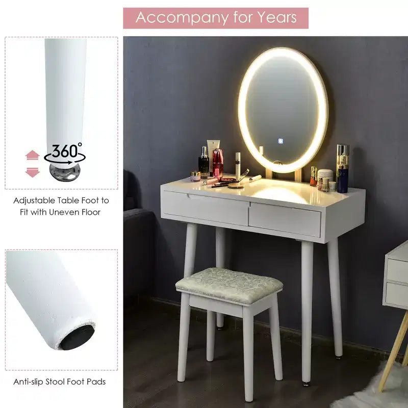 Toeletta Trucco con Specchio Touch Screen 3 Modalità di Illuminazione Sgabello Incluso Bianco\Nero\Grigio