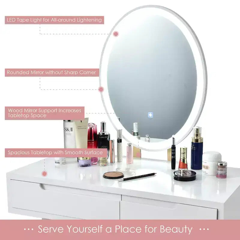 Toeletta Trucco con Specchio Touch Screen 3 Modalità di Illuminazione Sgabello Incluso Bianco\Nero\Grigio