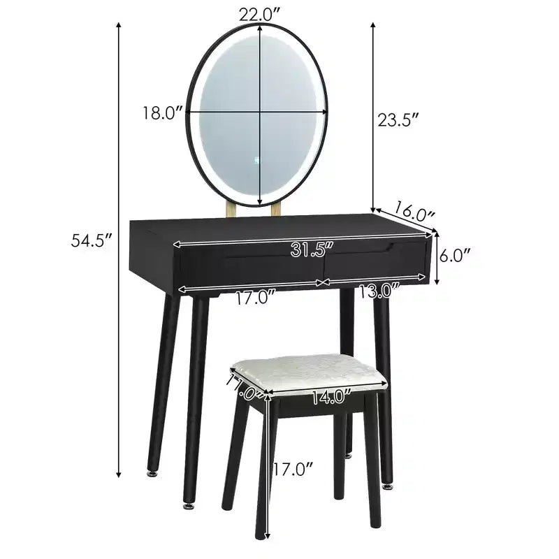 Toeletta Trucco con Specchio Touch Screen 3 Modalità di Illuminazione Sgabello Incluso Bianco\Nero\Grigio